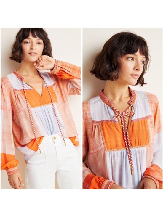 Conditions apply Tops - Conditions Apply Painterly Peasant Blouse Orange Blue Squares size medium